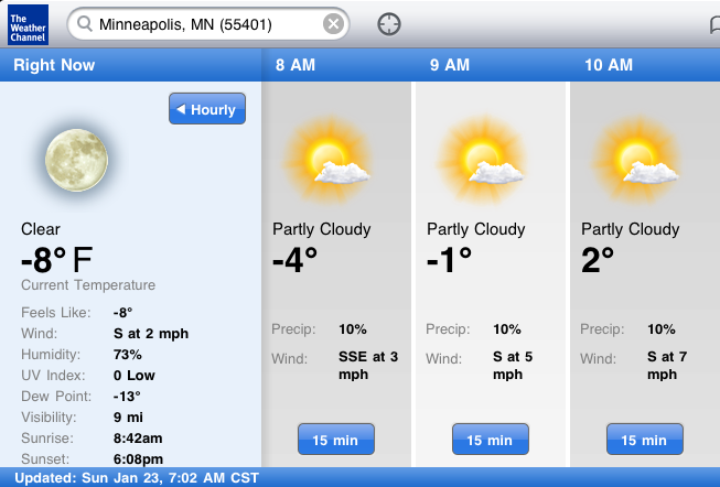 January 23, 2011 Weather Report for Minneapolis, MN