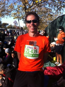 Me in the last green corral for wave 1 shortly before the start of the 2011 ING New York City Marathon